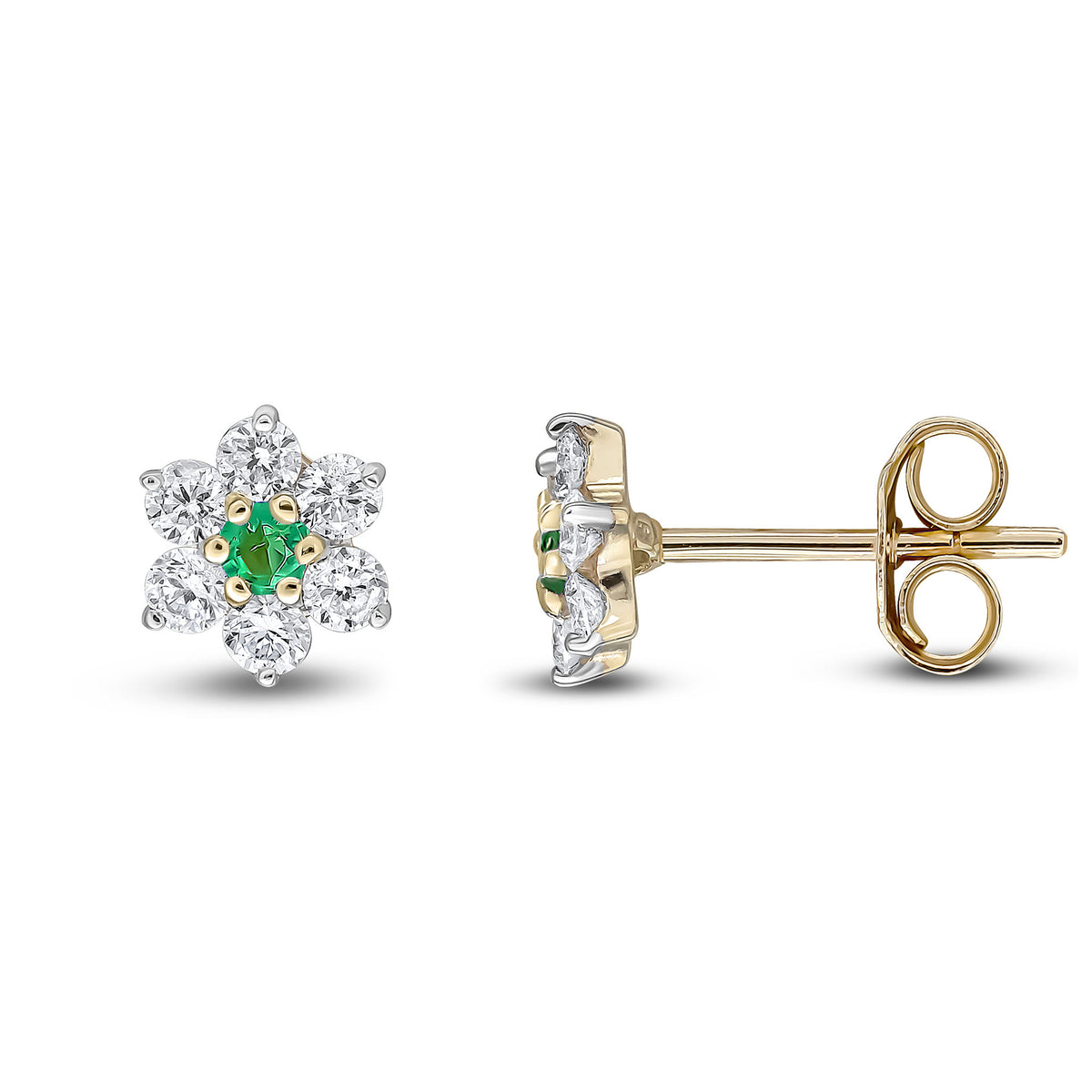 9CT YELLOW GOLD ROUND EMERALD AND DIAMOND CLAW CLUSTER EARRINGS