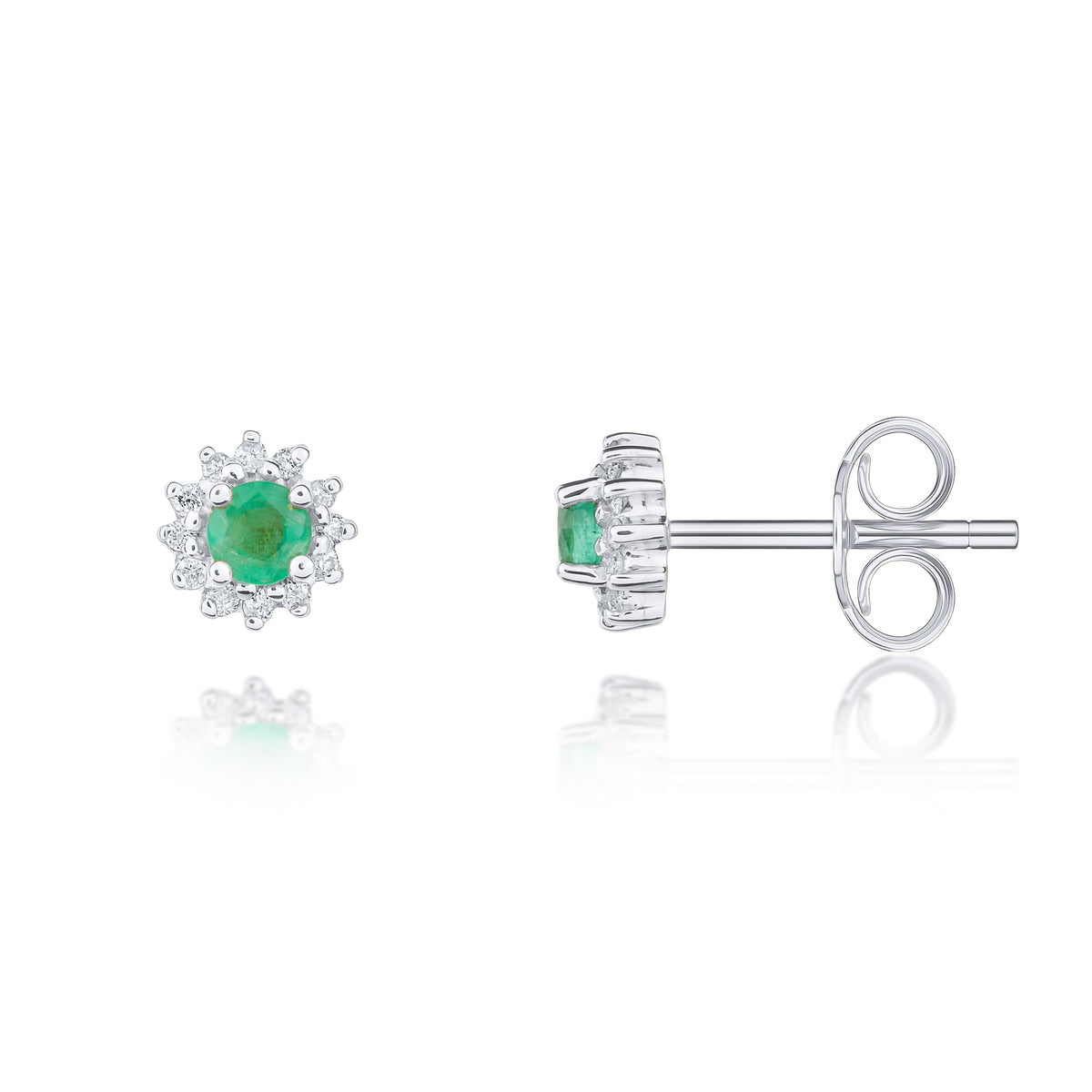 9CT WG 3MM ROUND EMERALD AND DIAMOND CLAW CLUSTER EARRINGS