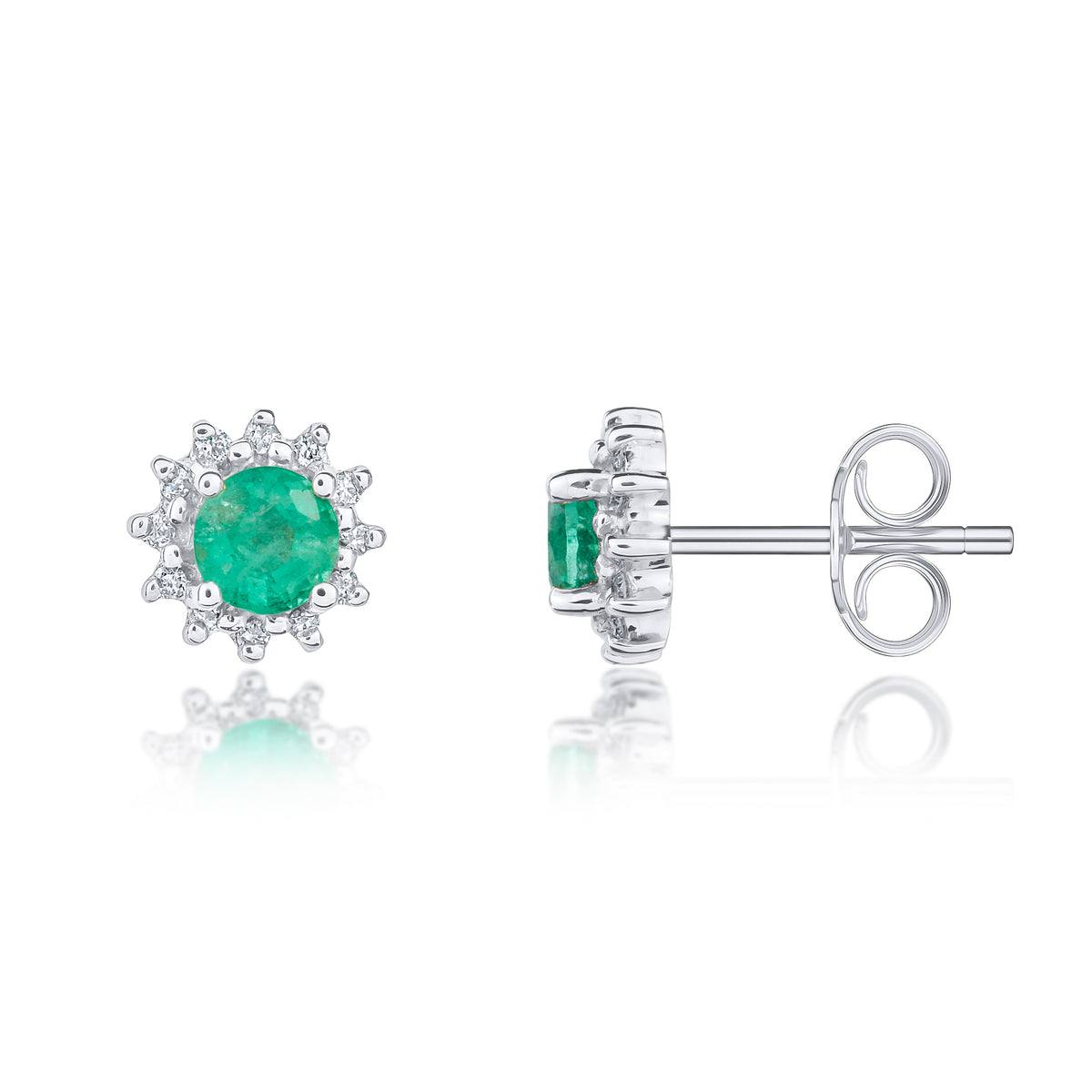 9CT WG 4MM ROUND EMERALD & DIAMOND CLAW SET CLUSTER EARRINGS