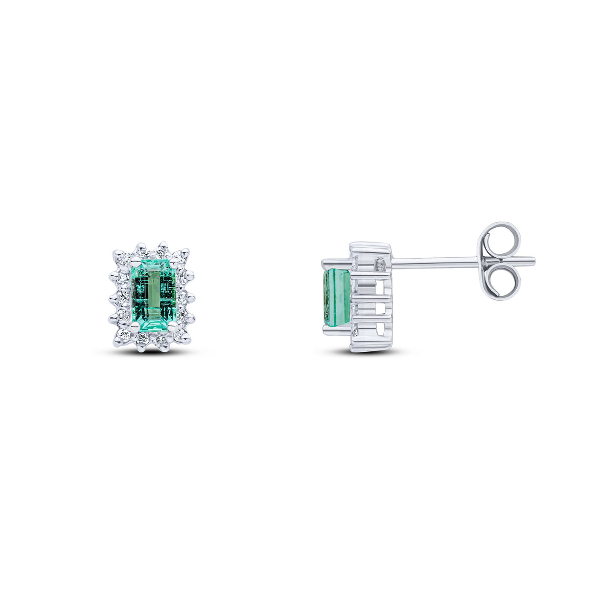 9CT WHITE GOLD OCTAGON EMERALD AND DIAMOND CLAW CLUSTER EARRINGS