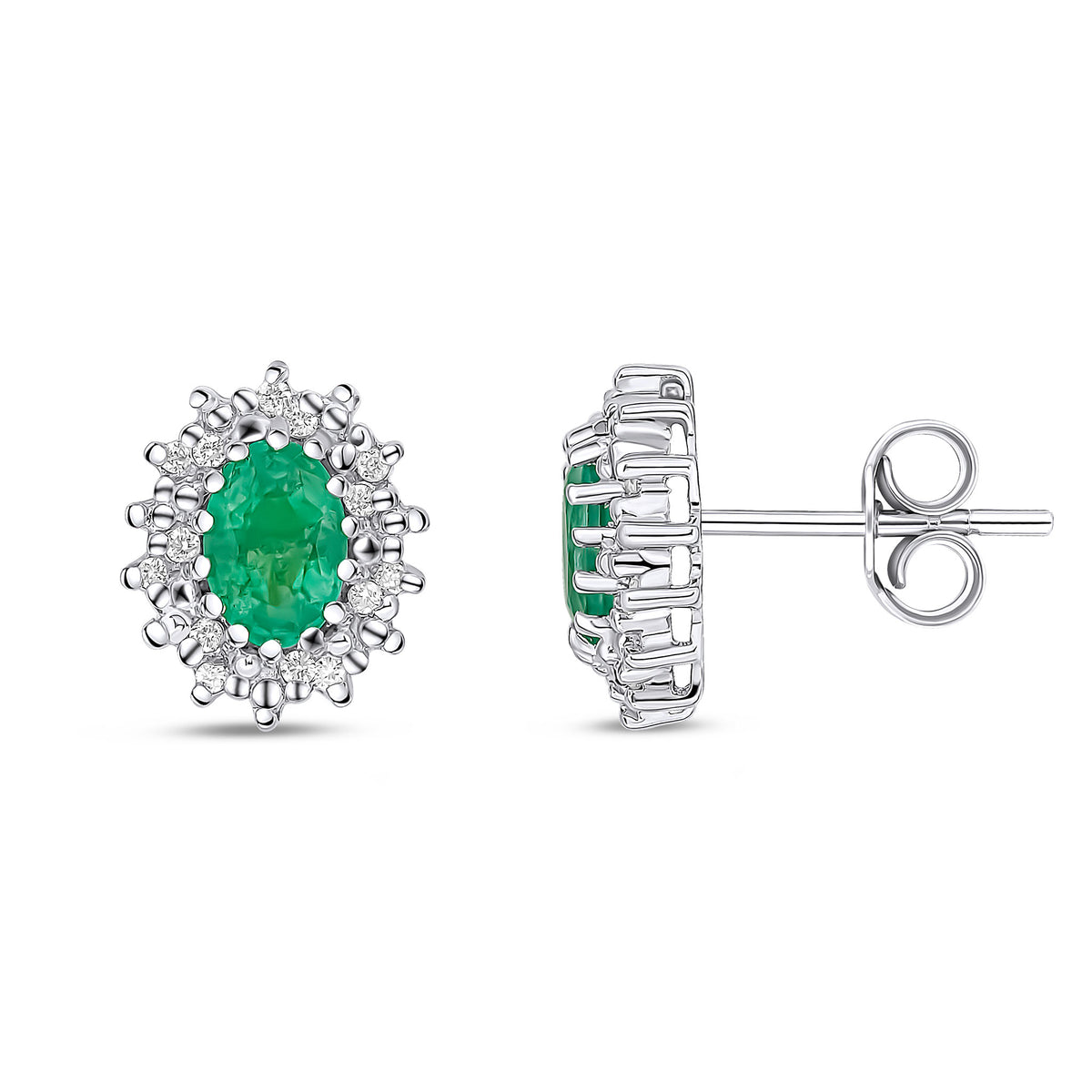 9CT WG 6X4 OVAL EMERALD AND DIAMOND CLAW CLUSTER EARRINGS
