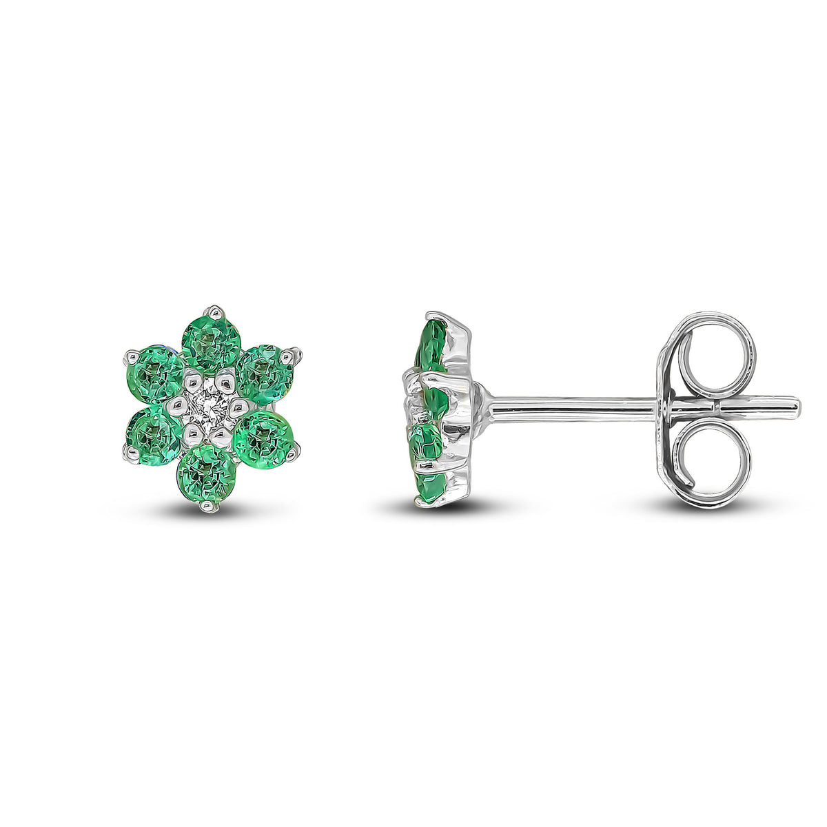 9CT WG ROUND EMERALD AND ROUND DIAMOND 6X1 REVERSE CLUSTER CLAW EARRINGS