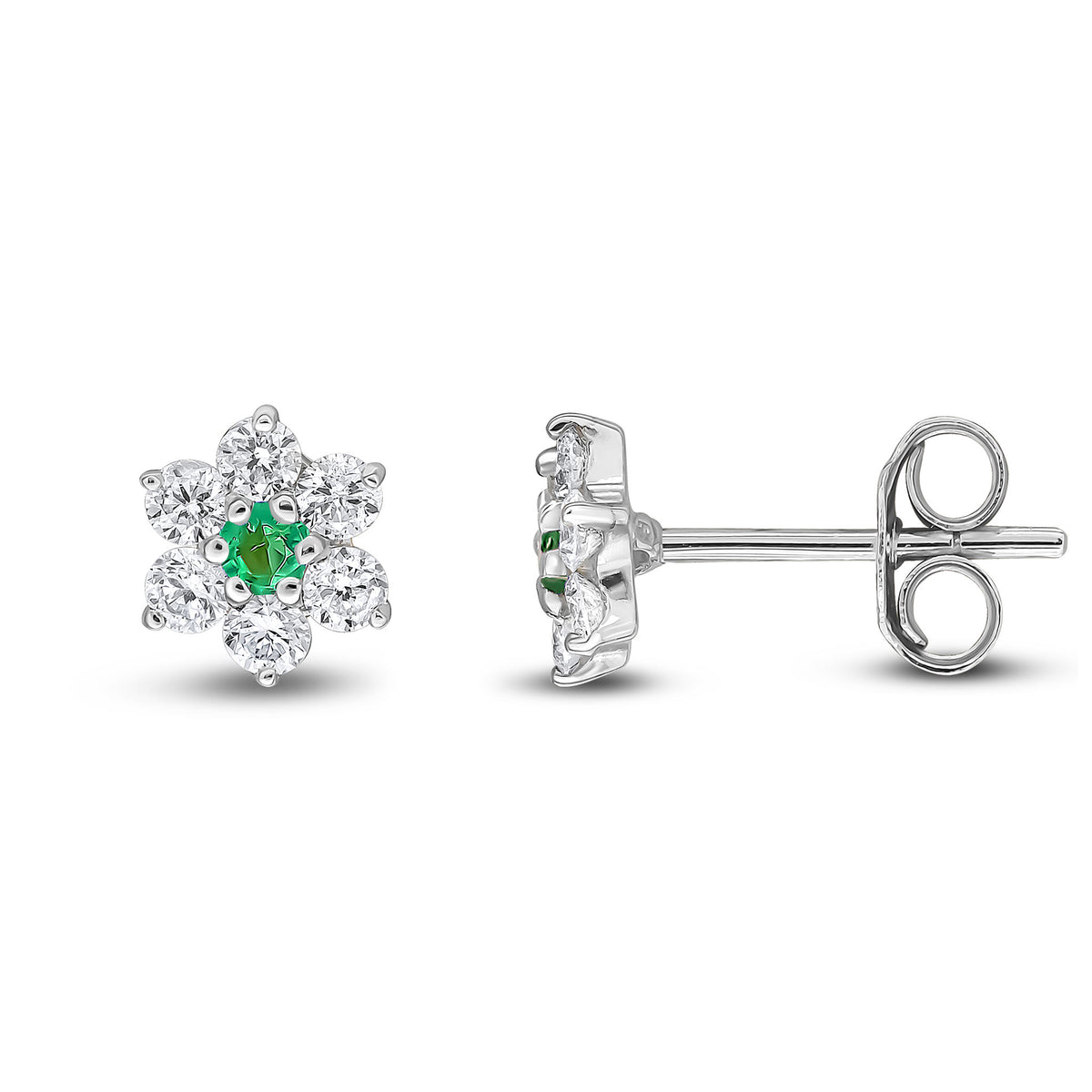 9CT WHITE GOLD ROUND EMERALD AND DIAMOND CLAW CLUSTER EARRINGS
