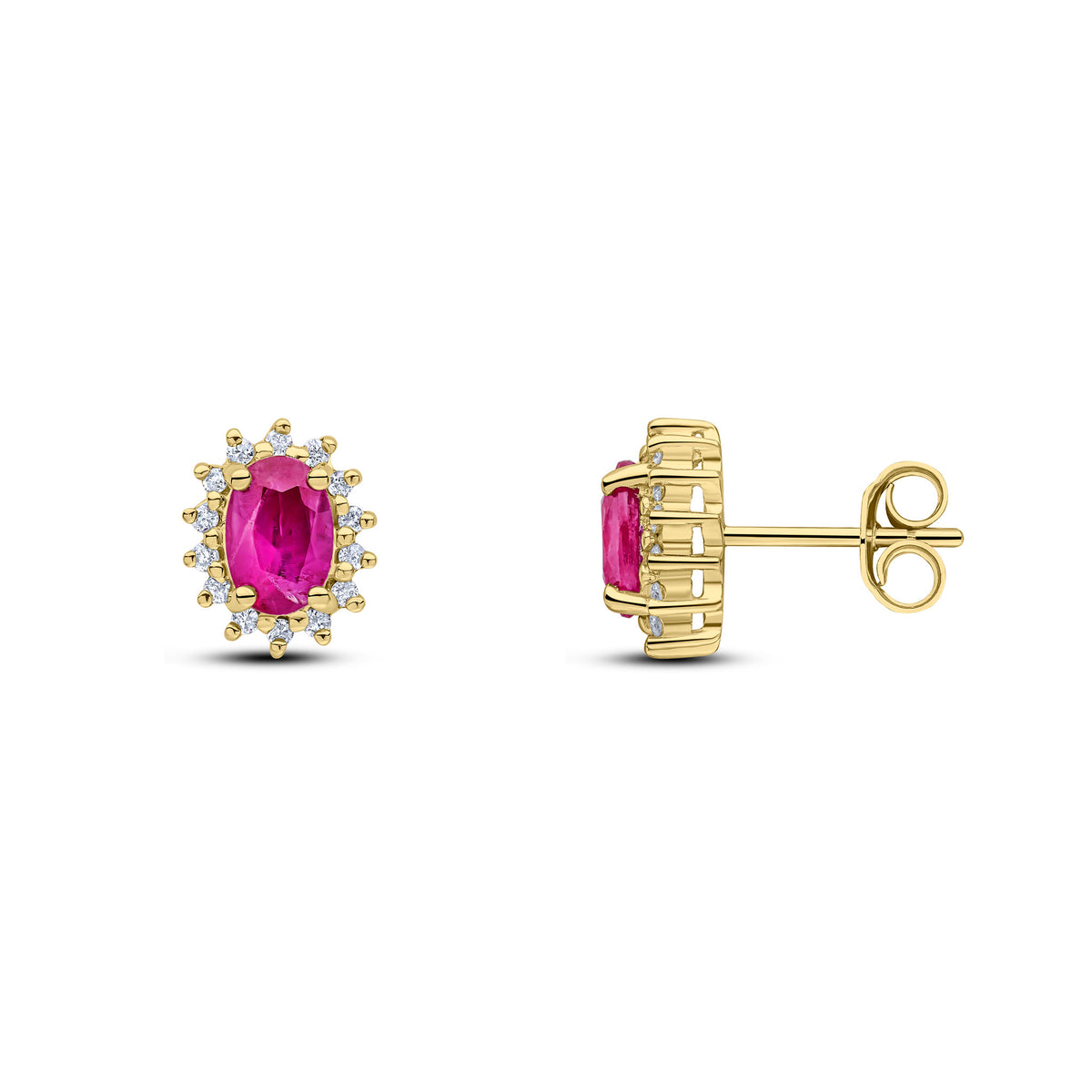 9CT YG 6X4 OVAL RUBY AND DIAMOND CLAW SET CLUSTER EARRINGS. RHODIUM TO DIAMONDS