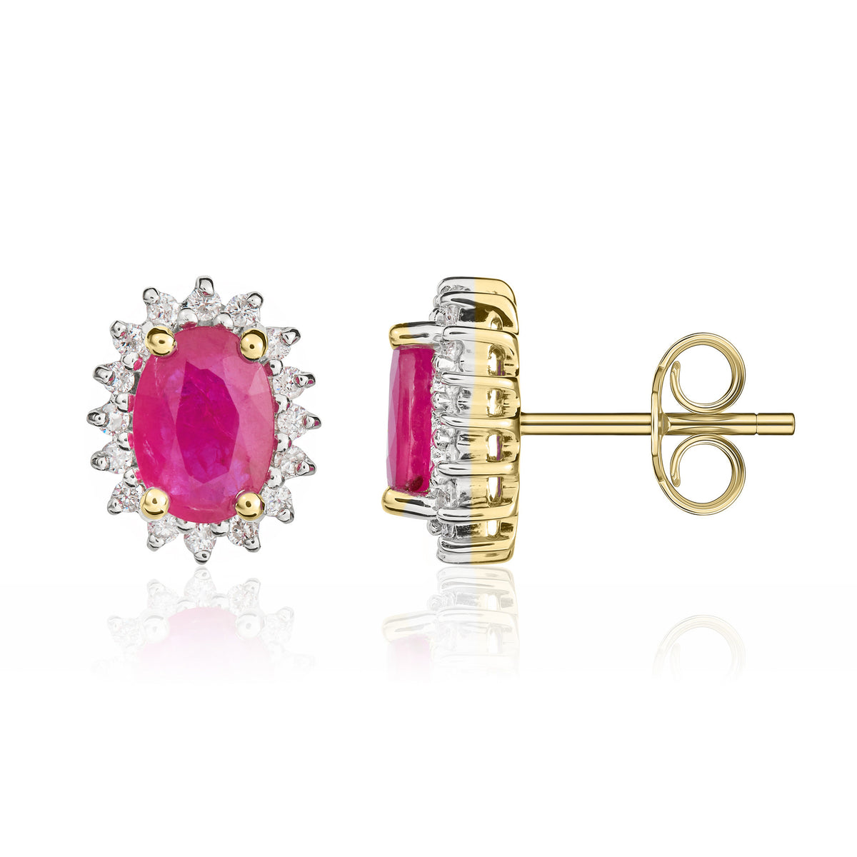 9CT YG 7X5 OVAL RUBY & DIAMOND CLAW SET CLUSTER EARRINGS. RHODIUM TO DIAMONDS