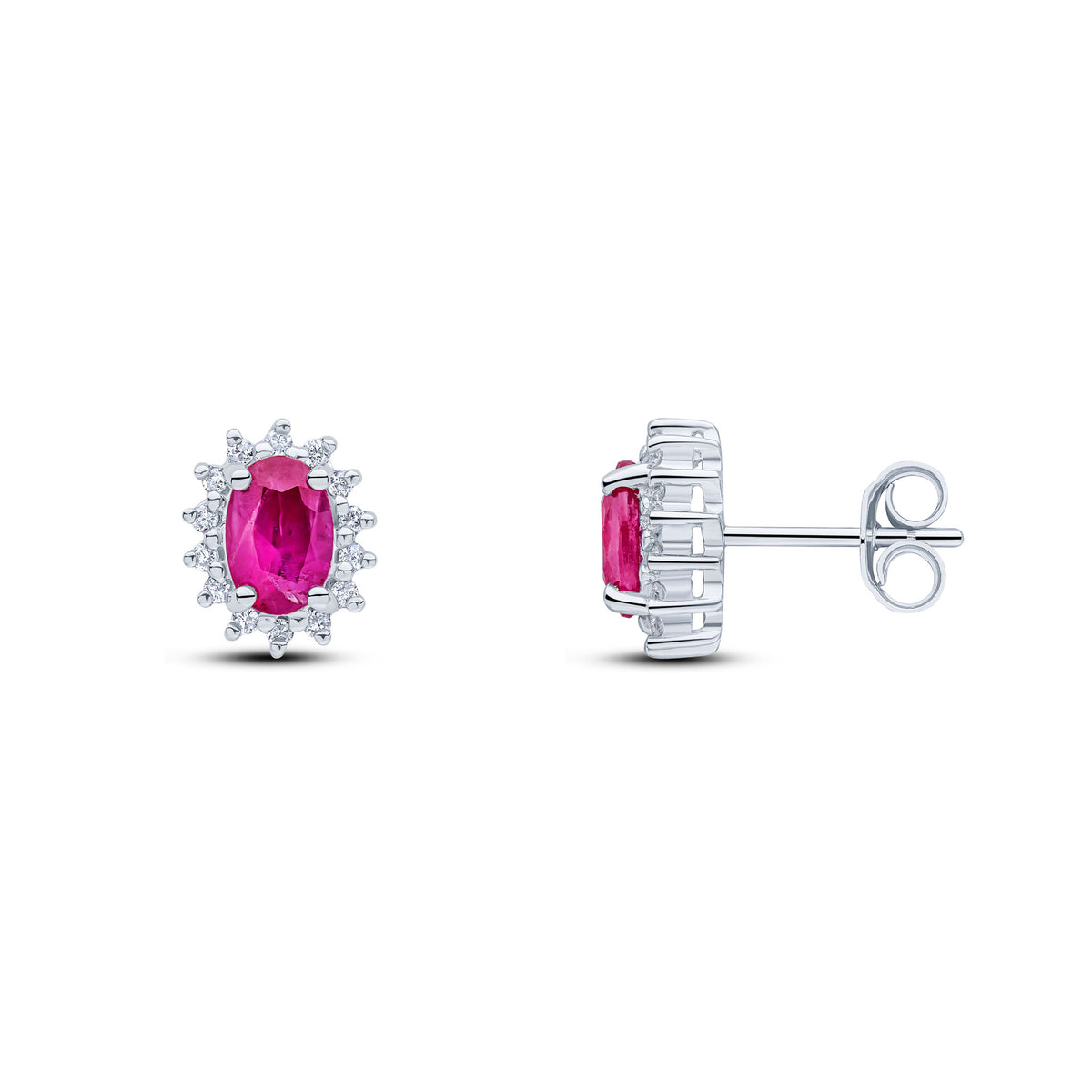 9CT WG 6X4 OVAL RUBY & DIAMOND CLAW SET CLUSTER EARRRINGS