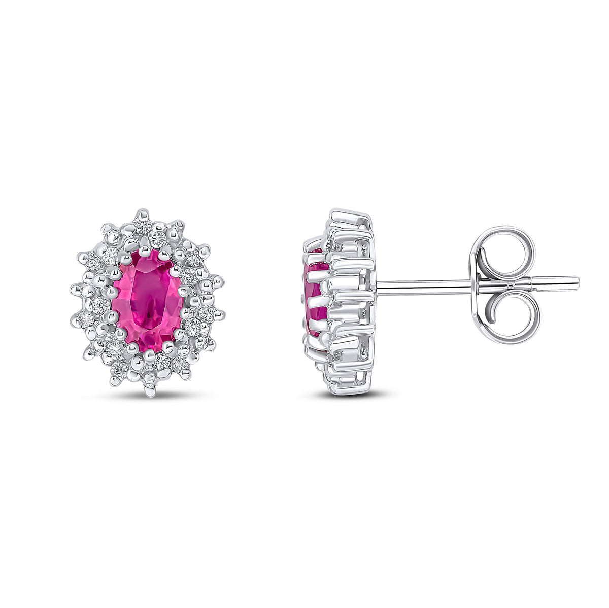9CT WG 6X4 OVAL RUBY AND DIAMOND CLAW CLUSTER EARRINGS