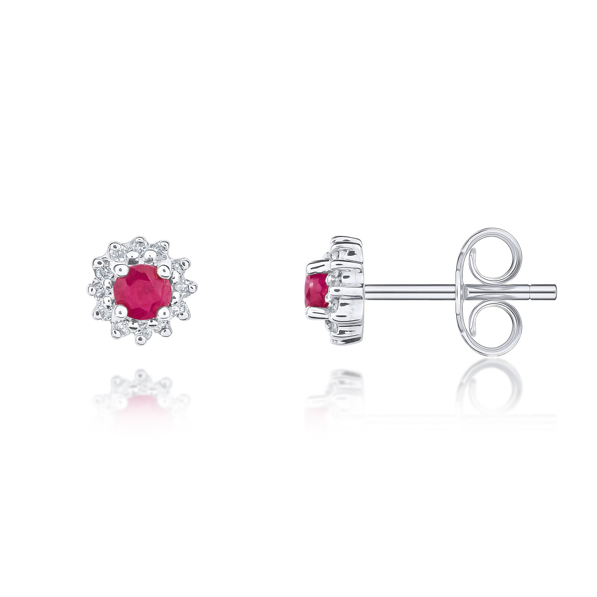 9CT WG 3MM ROUND RUBY AND DIAMOND CLAW CLUSTER EARRINGS