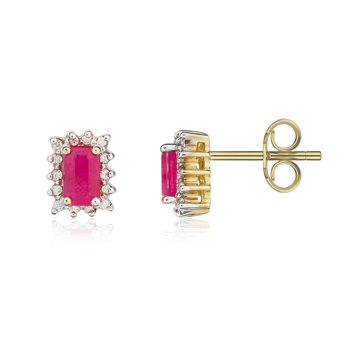 9YG.OCTAGON RUBY & DIAMOND CLAW CLUSTER EARRINGS