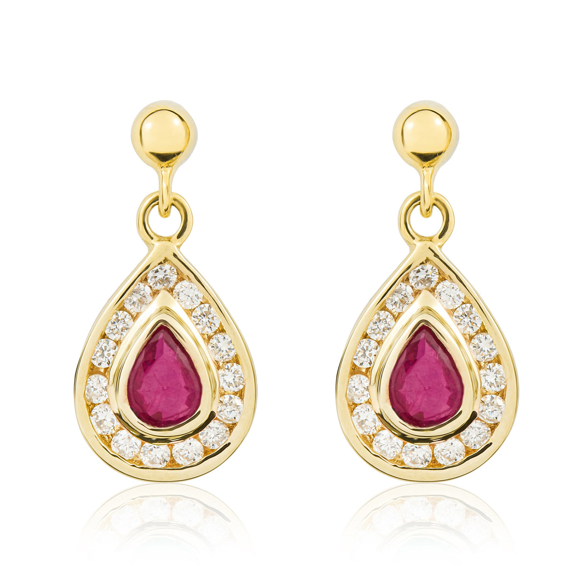 9CT YELLOW GOLD PEARSHAPE RUBY AND DIAMOND RUBOVER CLUSTER DROP EARRINGS