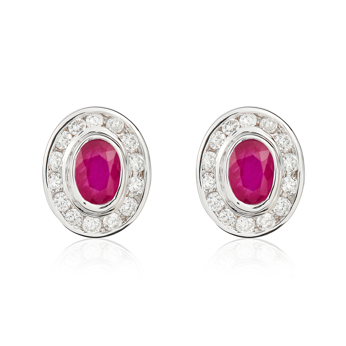 9CT WG 4x3 OVAL RUBY & DIAMOND CLUSTER EARRINGS