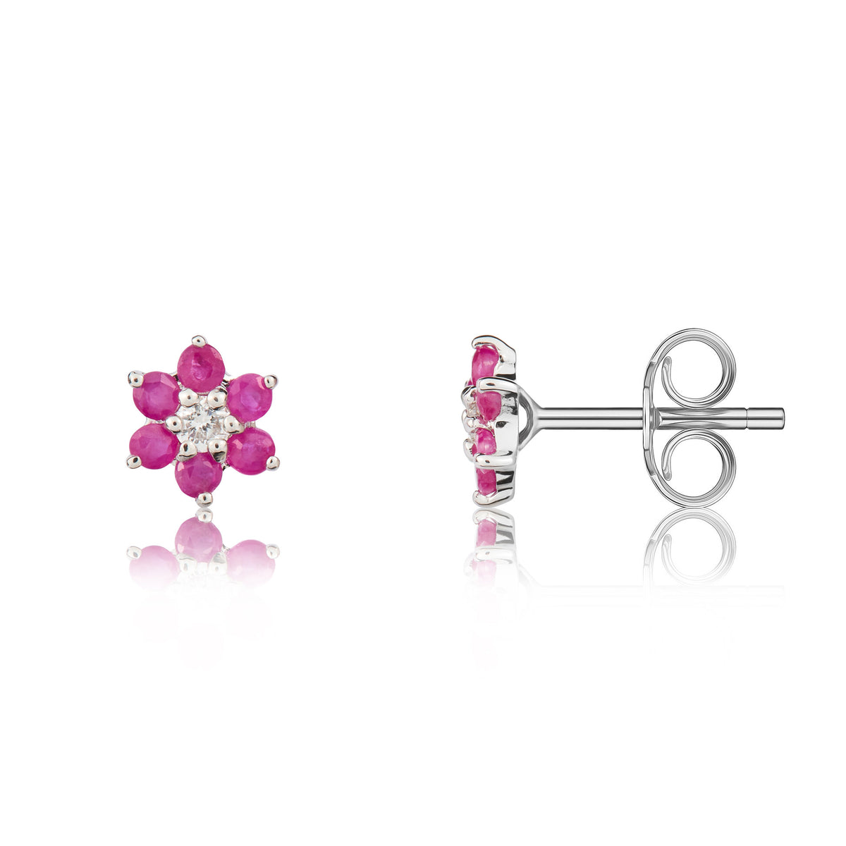 9CT WHITE GOLD ROUND RUBY AND DIAMOND CLAW SET REVERSE CLUSTER EARRINGS