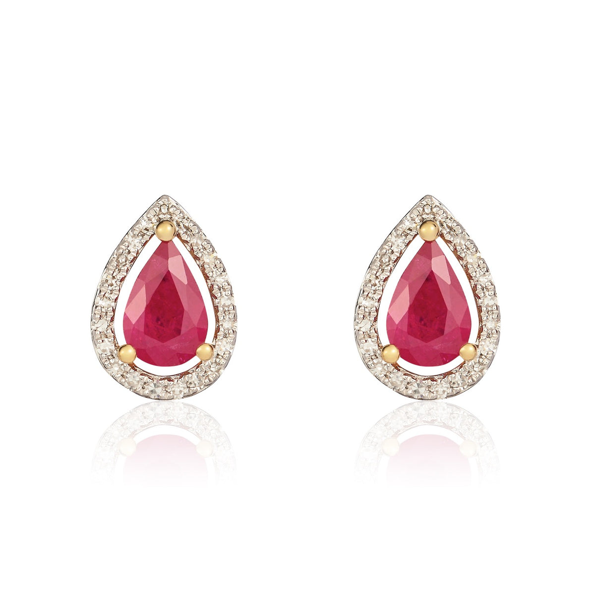 9CT YG 6X4 PEARSHAPE RUBY & DIAMOND HALO CLUSTER EARRINGS. RHODIUM TO DIAMONDS