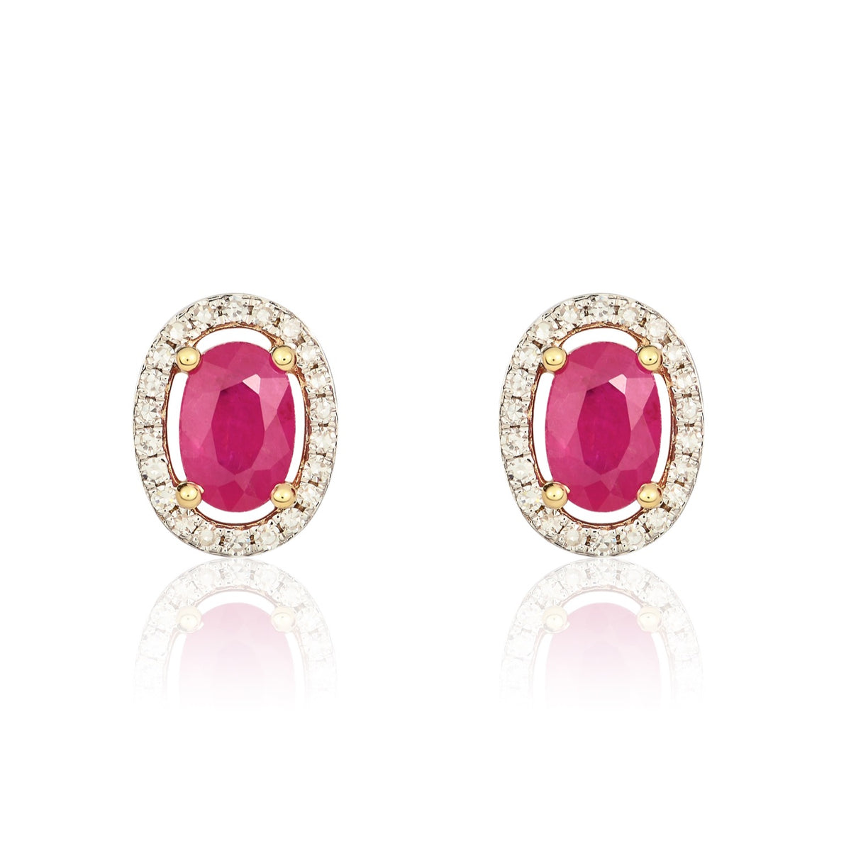 9CT YG 6X4 OVAL RUBY AND ROUND DIAMOND HALO CLUSTER EARRINGS.RHODIUM TO DIAMONDS