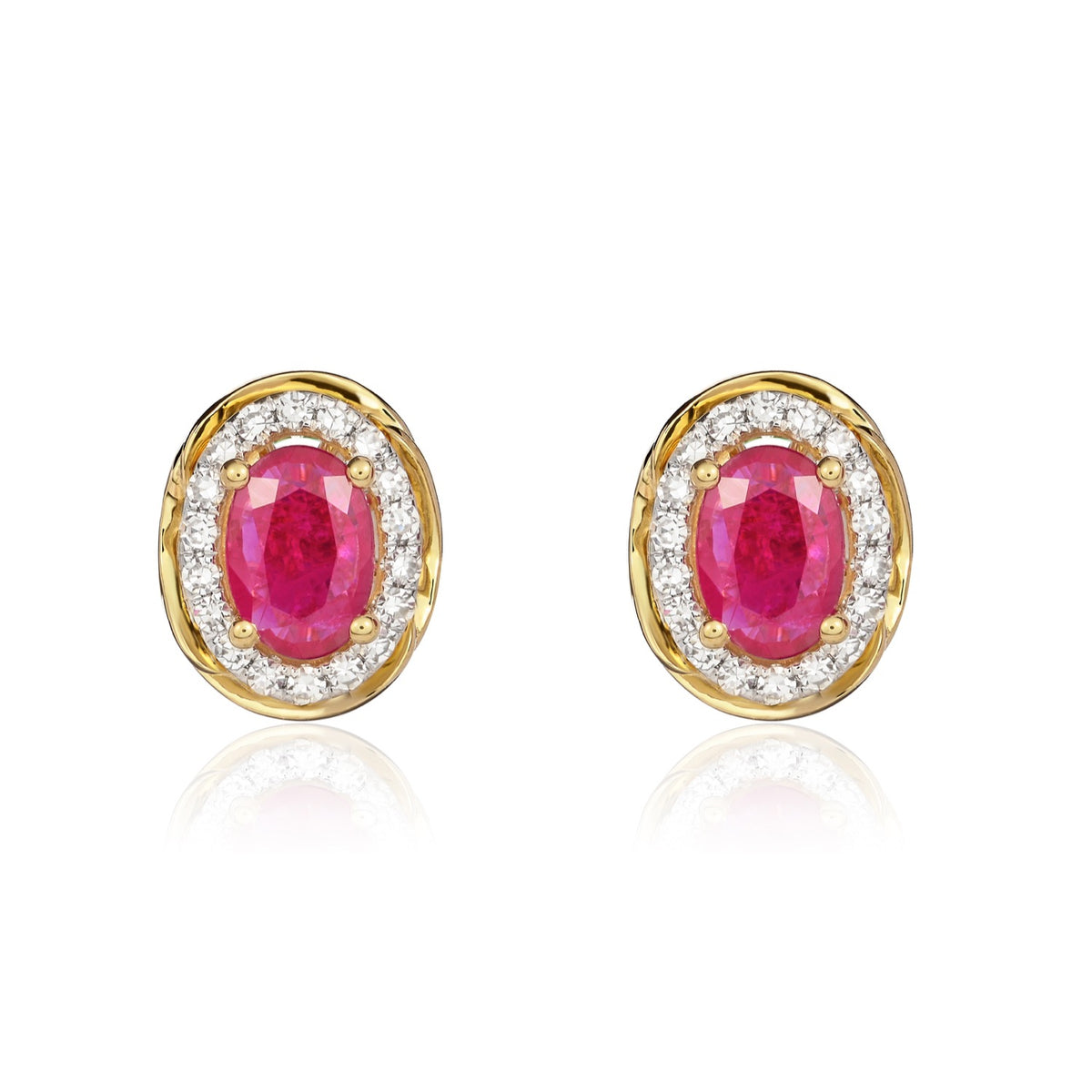 9CT YG 6X4 OVAL RUBY & DIAMOND CLUSTER EARRINGS WITH ROPE EDGE. RHODIUM TO DIAMONDS