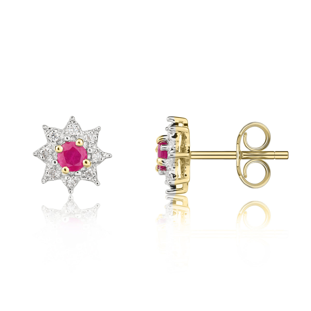 9CT YELLOW GOLD ROUND RUBY & DIAMOND CLUSTER CLAW EARRINGS