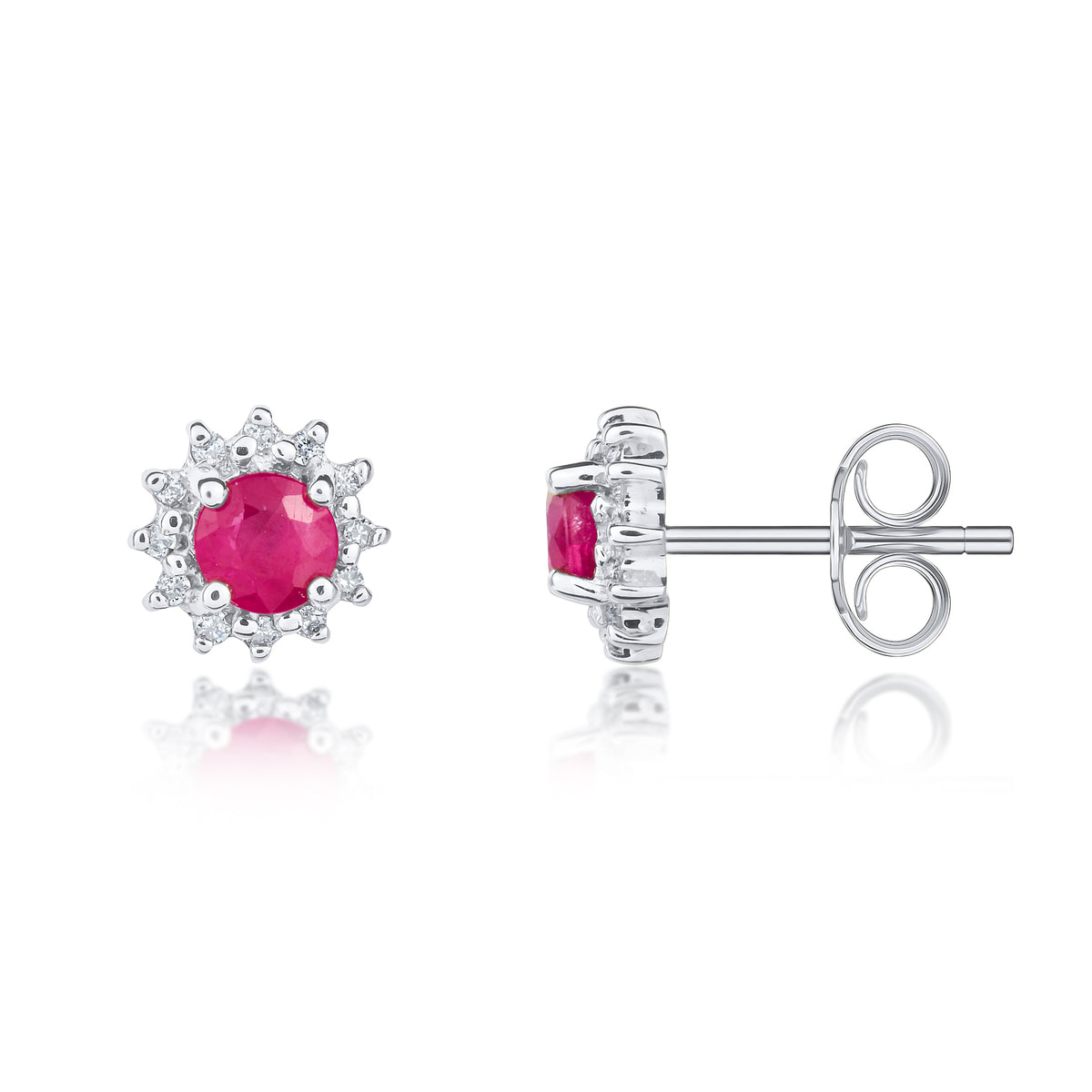 9CT WG 4MM ROUND RUBY & DIAMOND CLAW SET CLUSTER EARRINGS