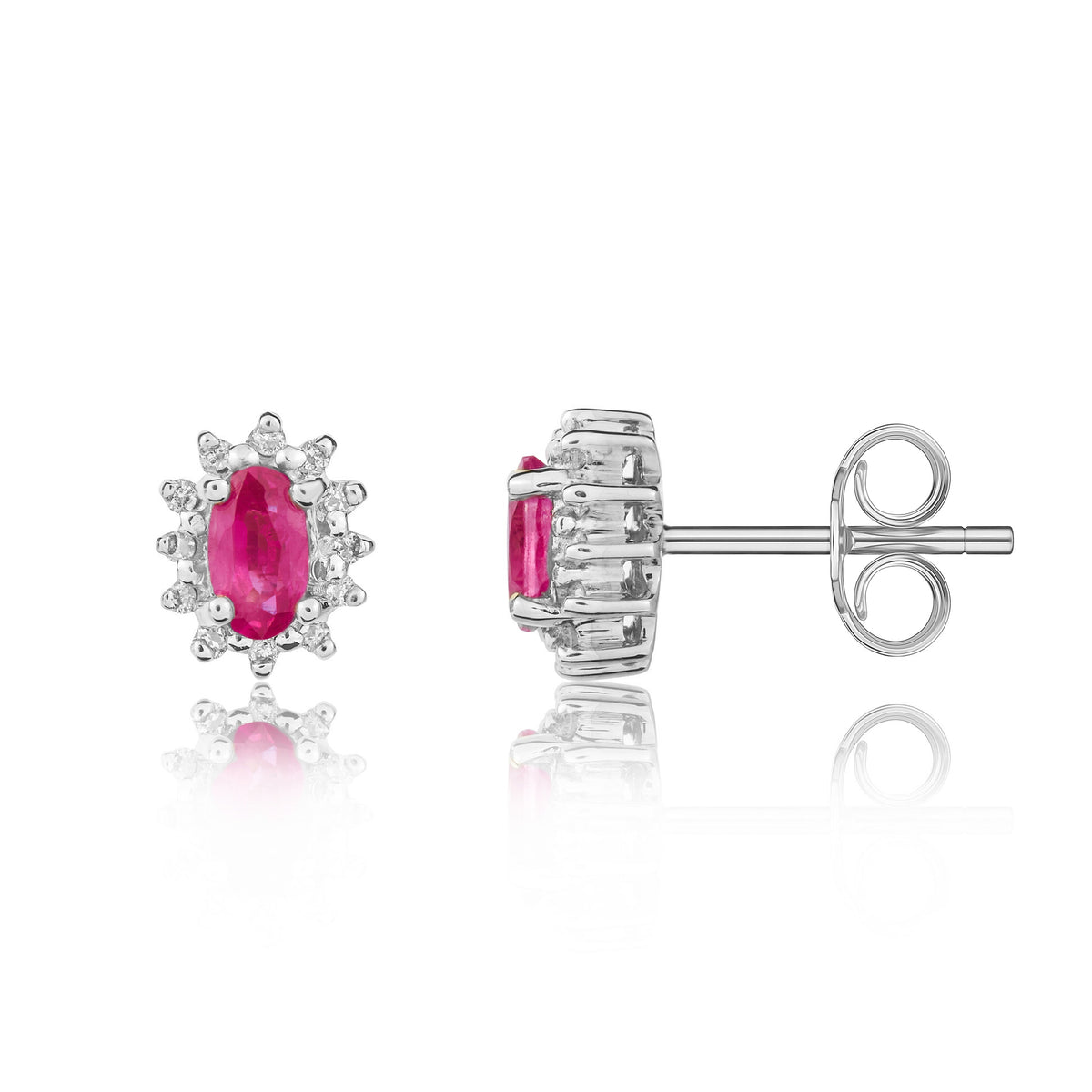 9CT WG 5X3 OVAL RUBY & DIAMOND CLAW SET CLUSTER EARRINGS