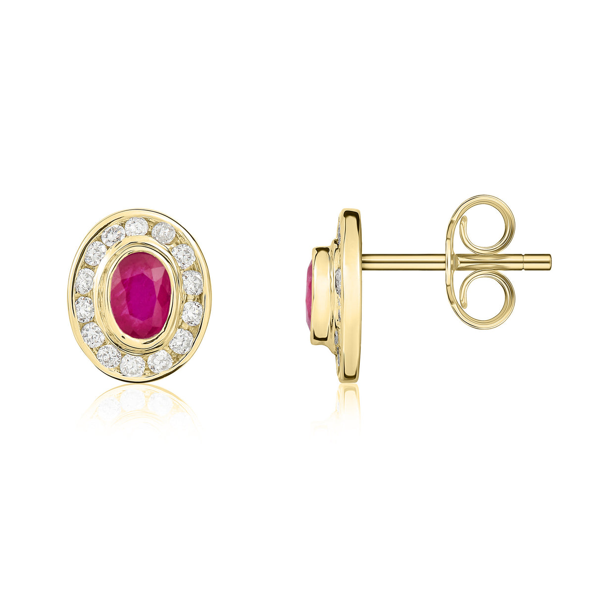 9CT YG OVAL 4x3 RUBY & DIAMOND CLUSTER EARRINGS