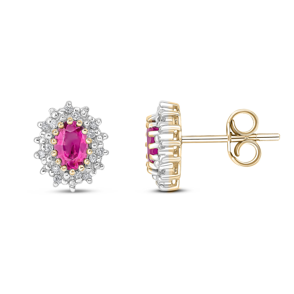 9CT YG 6X4 OVAL RUBY AND DIAMOND CLAW CLUSTER EARRINGS. RHODIUM TO DIAMONDS