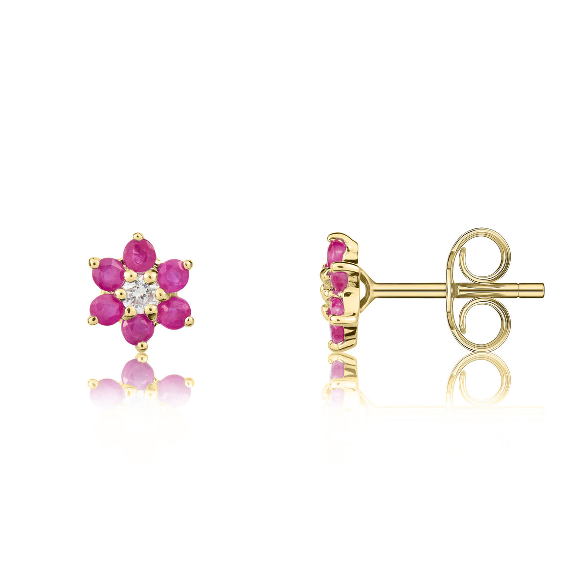 9CT YG ROUND RUBY AND ROUND DIAMOND 6X1 REVERSE CLUSTER CLAW EARRINGS