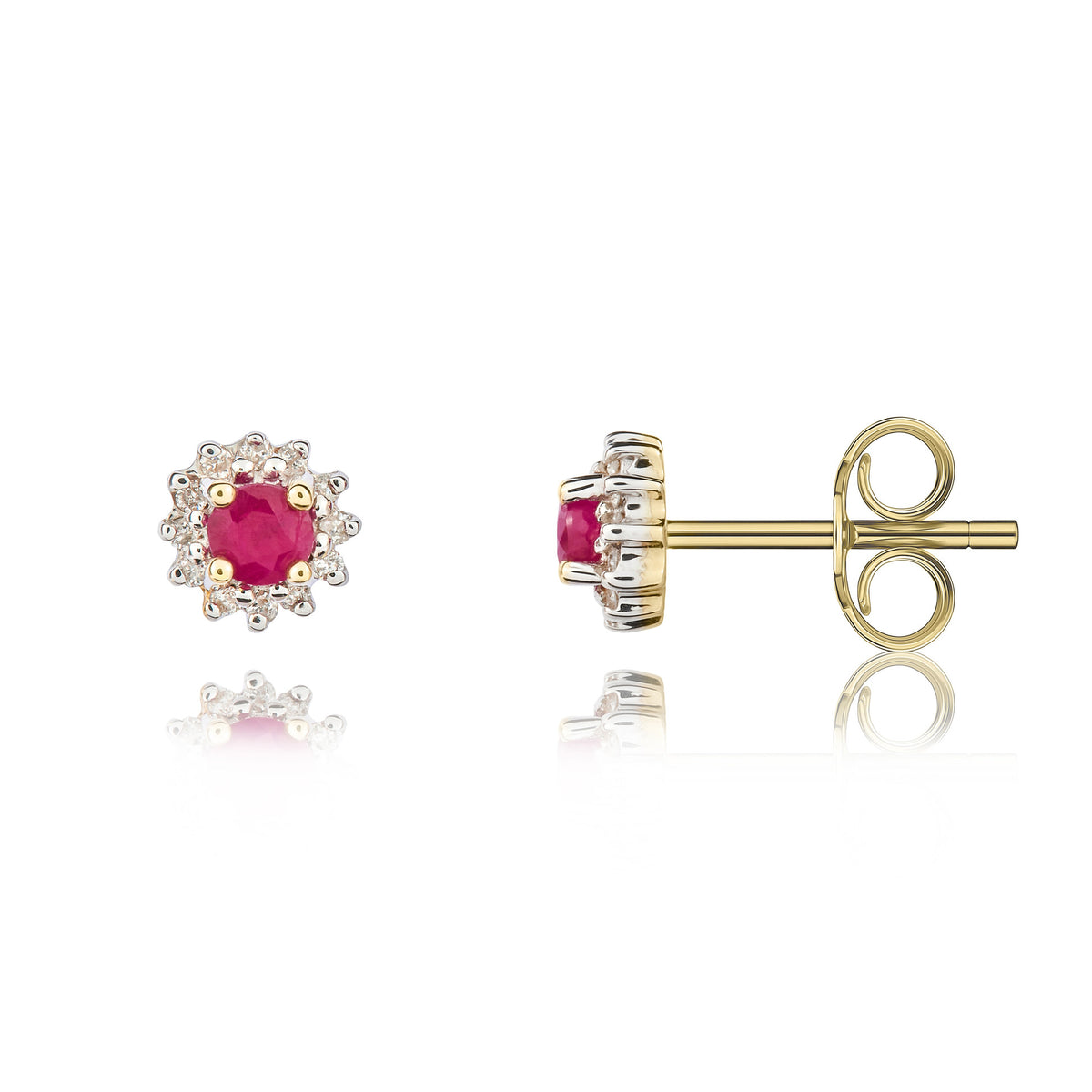 9CT YG 3MM ROUND RUBY AND DIAMOND CLAW CLUSTER EARRINGS. RHODIUM TO DIAMONDS