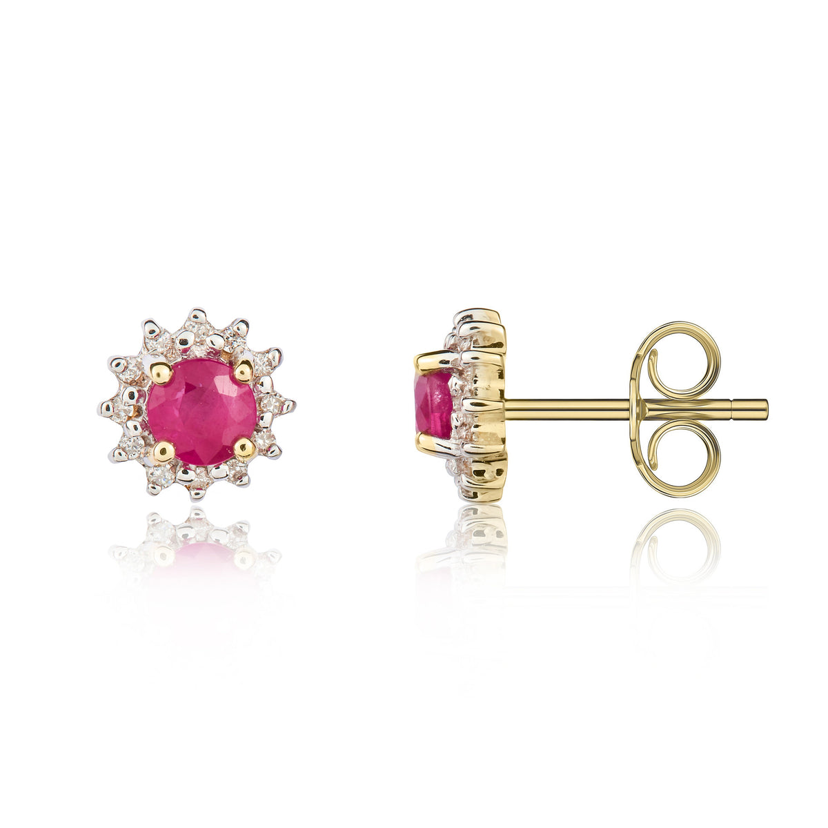 9CT YG 4MM ROUND RUBY AND DIAMOND CLAW CLUSTER EARRINGS. RHODIUM TO DIAMONDS
