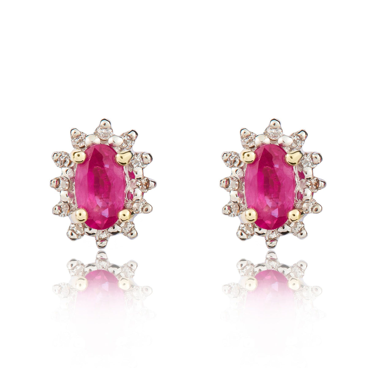 9CT YG 5X3 OVAL RUBY & DIAMOND CLAW SET CLUSTER EARRINGS. RHODIUM TO DIAMONDS