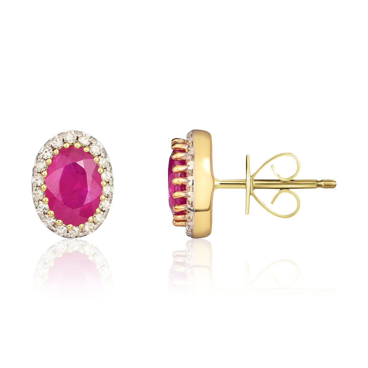9CT YG 6X4 OVAL RUBY & DIAMOND CLAW SET CLUSTER EARRINGS. RHODIUM TO DIAMONDS