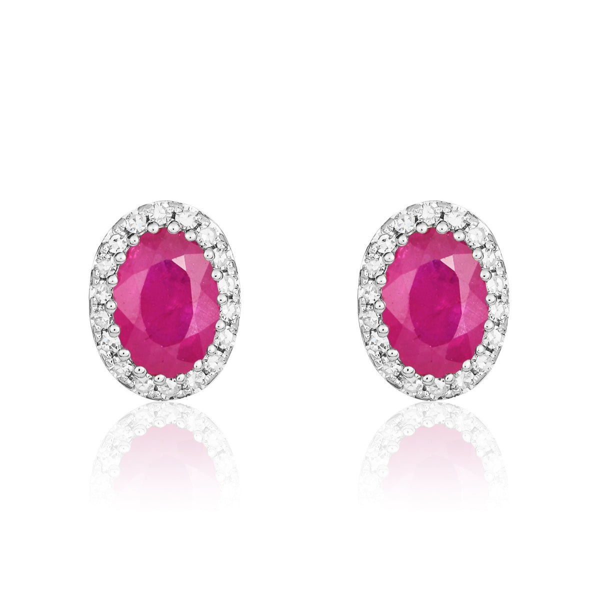 9CT WG 6X4 OVAL RUBY & DIAMOND CLAW SET CLUSTER EARRINGS