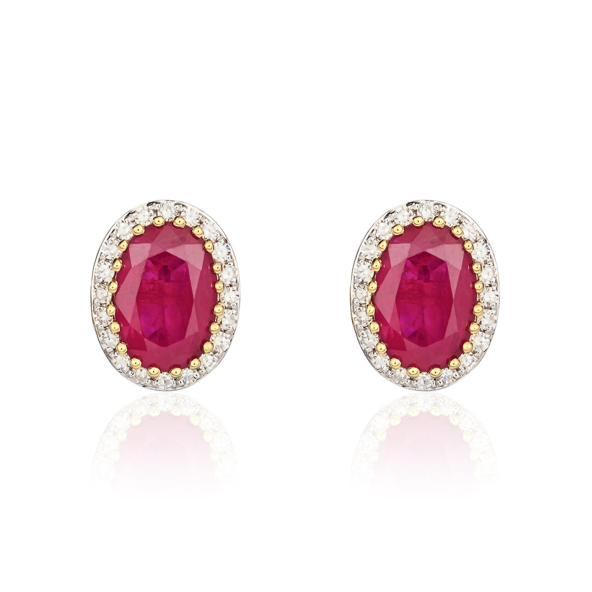 9CT YELLOW GOLD OVAL RUBY AND ROUND DIAMOND CLAW CLUSTER EARRINGS