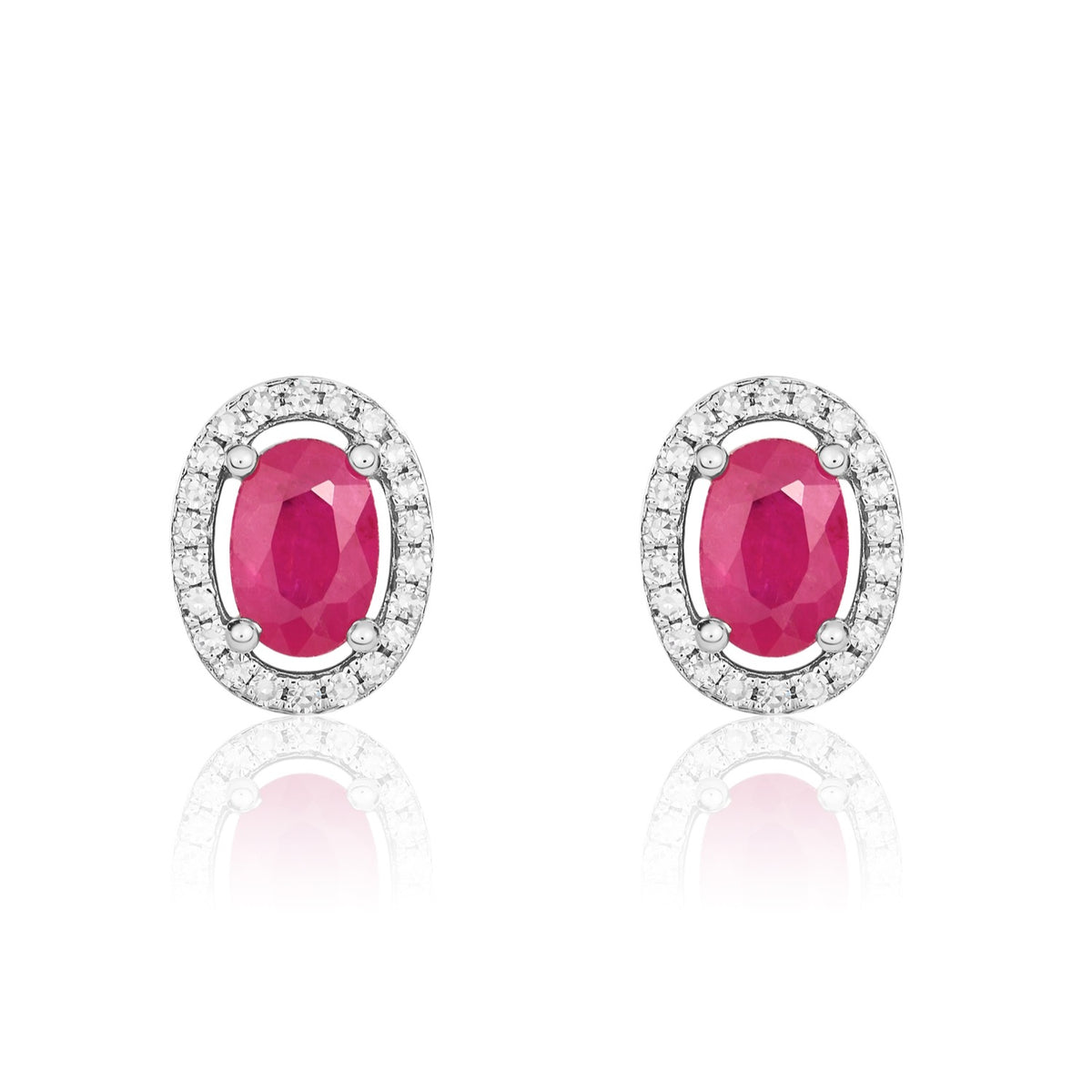 9CT WG 6X4 OVAL RUBY AND ROUND DIAMOND HALO CLUSTER EARRINGS