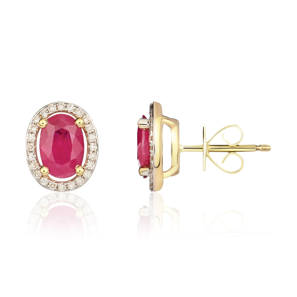 9CT YG 7X5 OVAL RUBY AND ROUND DIAMOND CLAW SET HALO CLUSTER EARRINGS. RHODIUM TO DIAMONDS