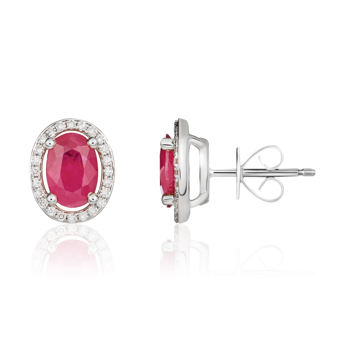 9CT WG 7X5 OVAL RUBY AND ROUND DIAMOND CLAW SET HALO CLUSTER EARRINGS