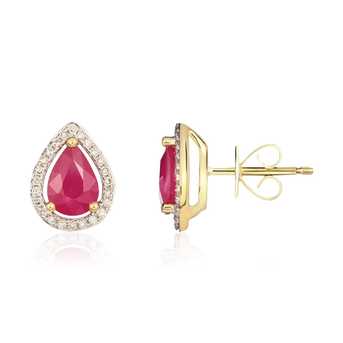 9CT YG 7X5 PEARSHAPE RUBY & DIAMOND HALO CLUSTER EARRINGS. RHODIUM TO DIAMONDS