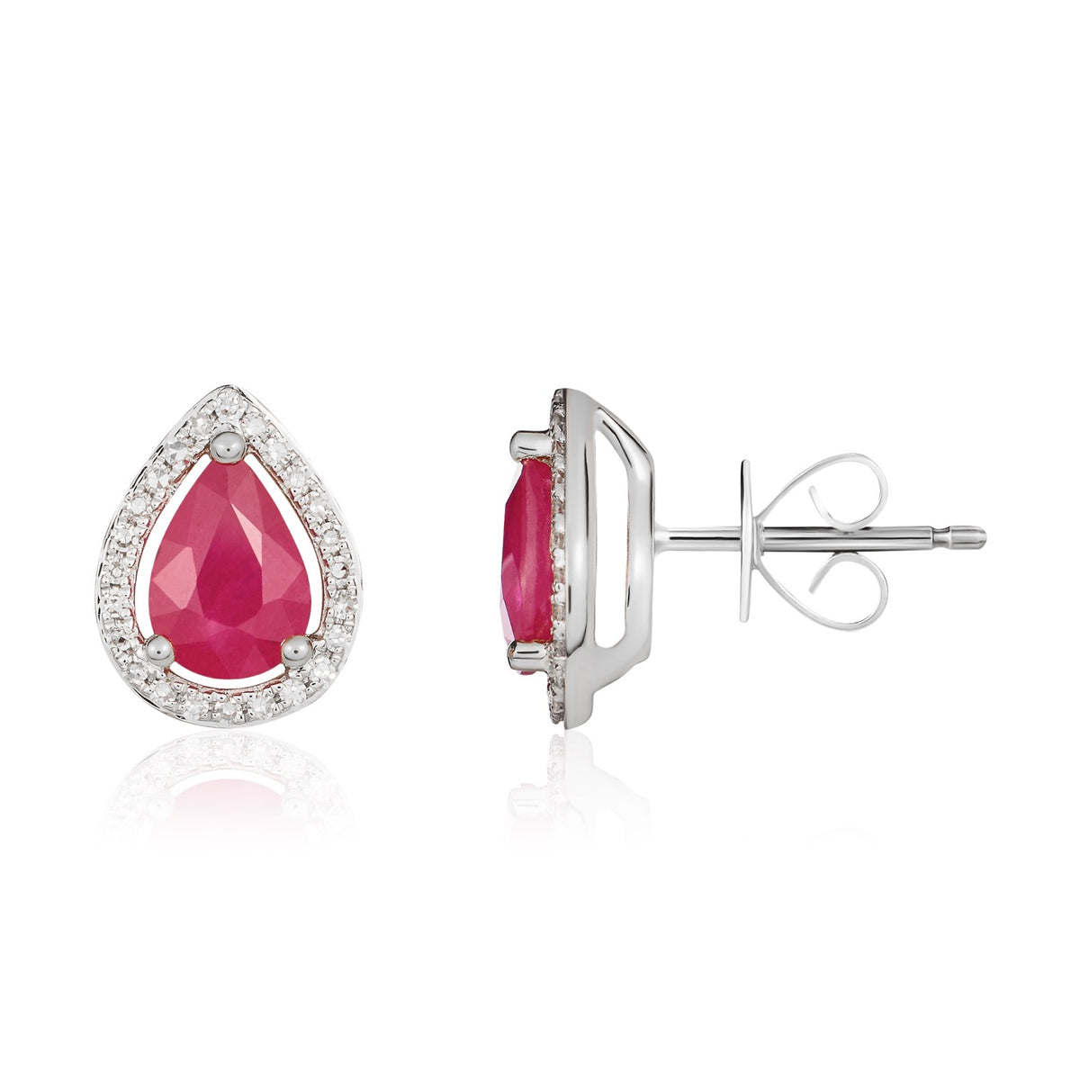 9CT WG 7X5 PEARSHAPE RUBY & DIAMOND HALO CLUSTER EARRINGS