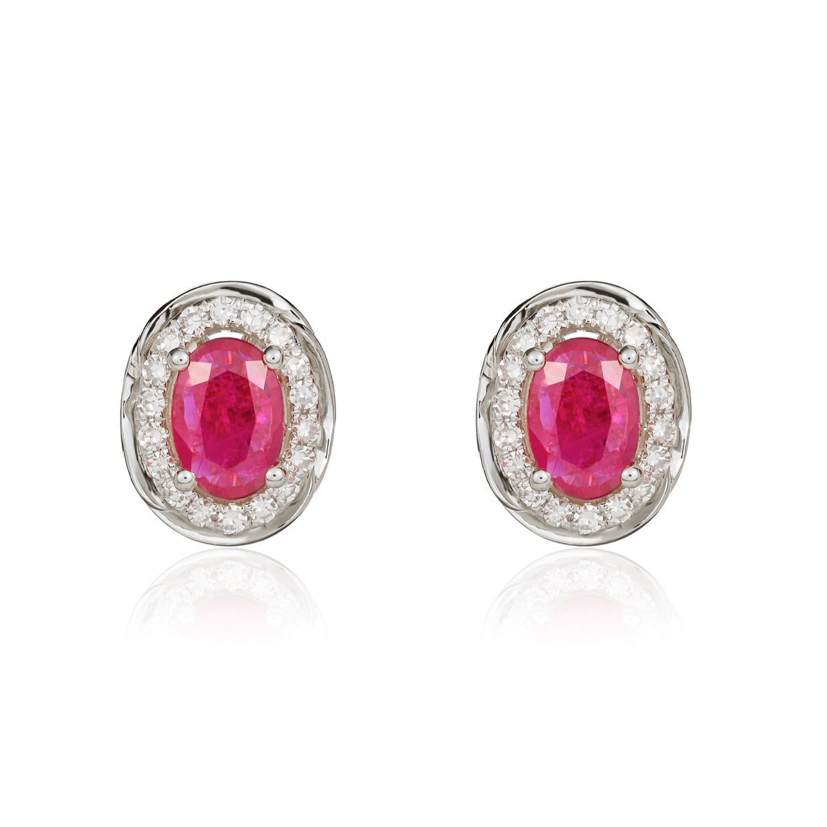 9CT WG 6X4 OVAL RUBY & DIAMOND CLUSTER EARRINGS WITH ROPE EDGE
