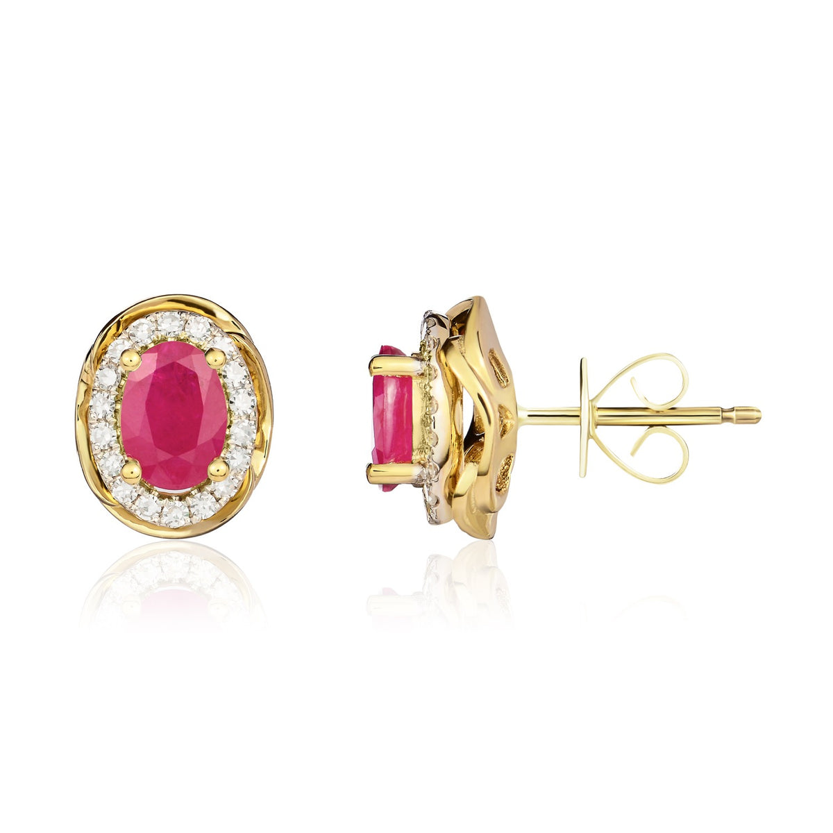 9CT YG 7X5 OVAL RUBY & DIAMOND CLUSTER EARRINGS WITH ROPE EDGE. RHODIUM TO DIAMONDS
