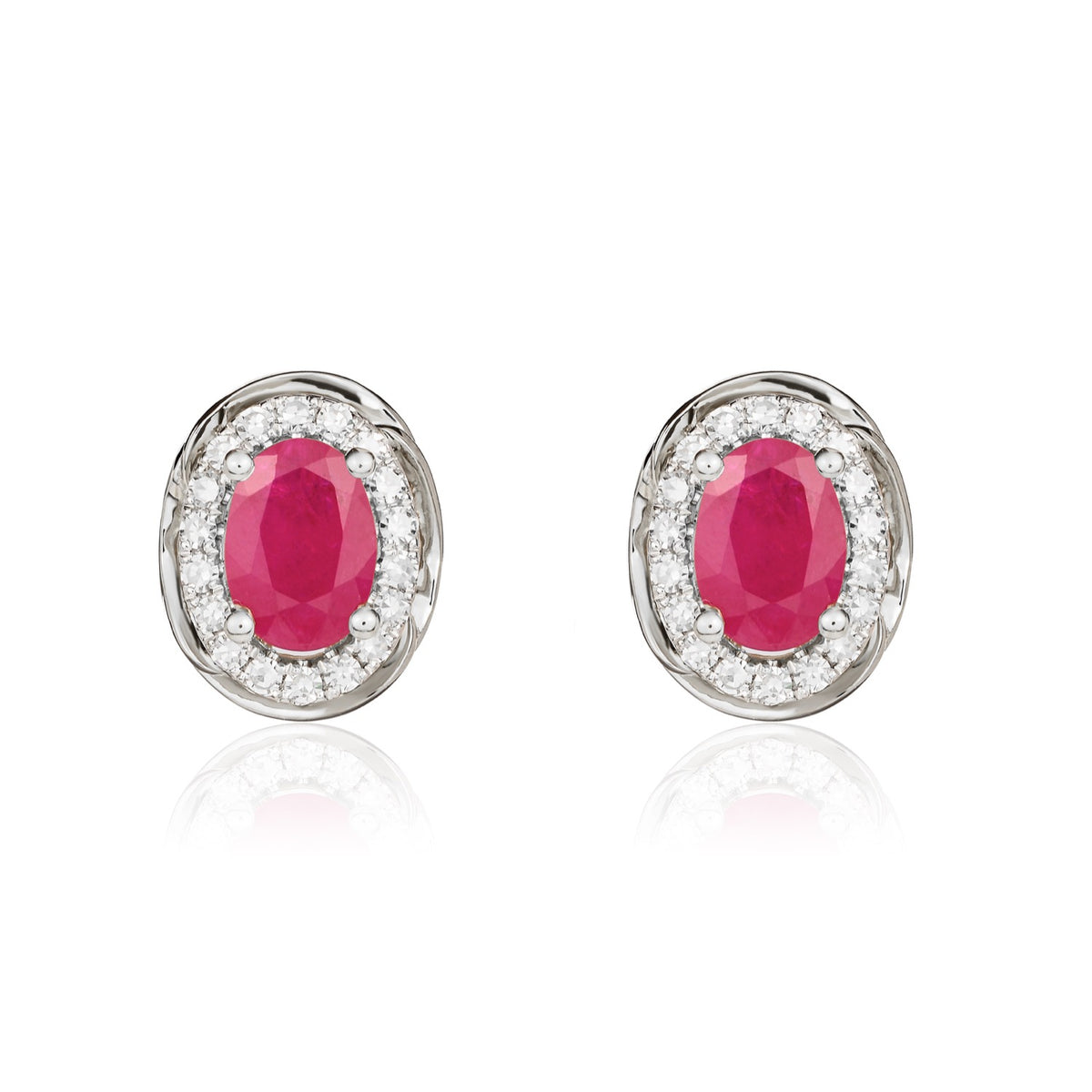 9CT WG 7X5 OVAL RUBY & DIAMOND CLUSTER EARRINGS WITH ROPE EDGE