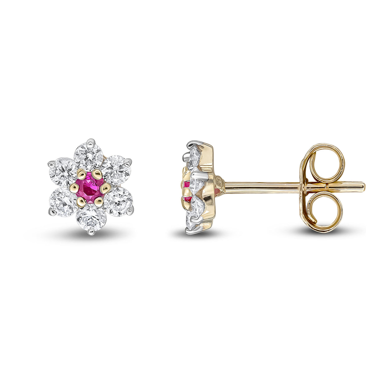 9CT YELLOW GOLD ROUND RUBY AND DIAMOND CLAW CLUSTER EARRINGS