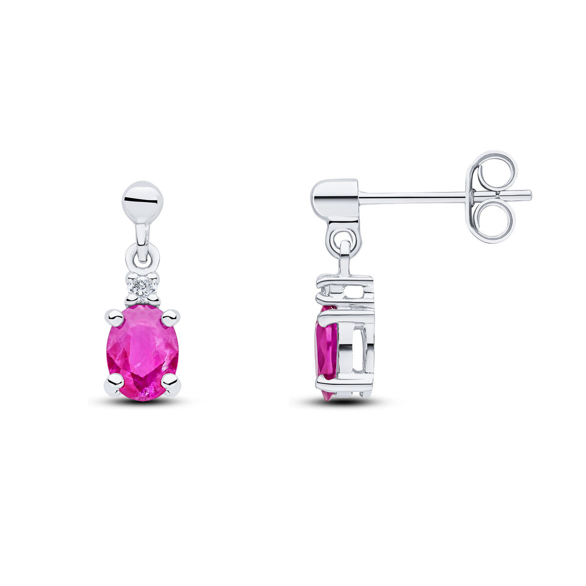 9CT WG OVAL RUBY & DIAMOND CLAW SET 2 STONE DROP EARRINGS WITH BEAD STUD TOP