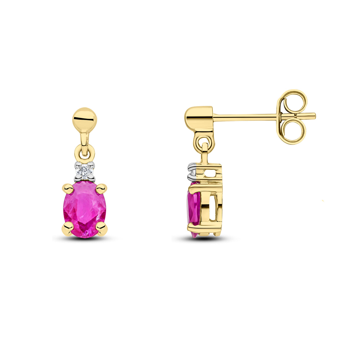 9CT YG OVAL RUBY & DIAMOND CLAW SET 2 STONE DROP EARRINGS WITH BEAD STUD TOP