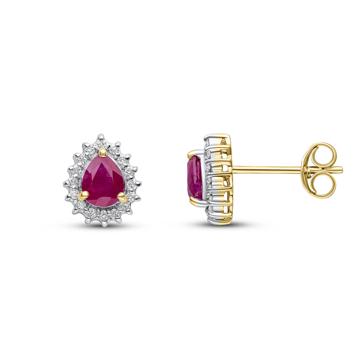 9CT YELLOW GOLD PEARSHAPE RUBY AND DIAMOND CLAW CLUSTER EARRINGS