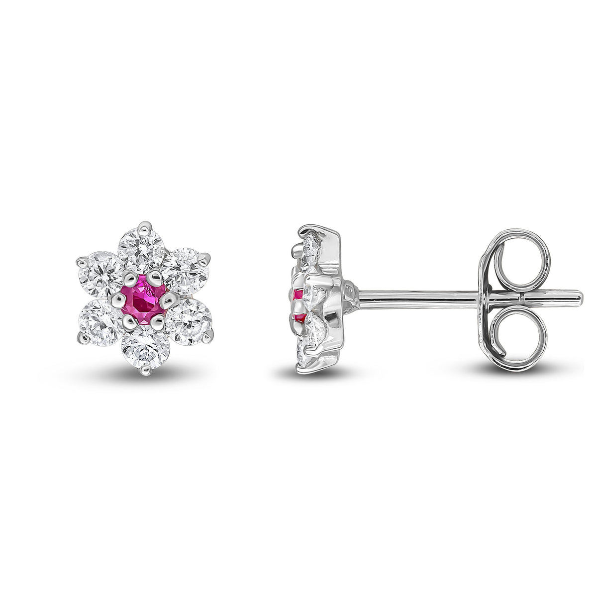 9CT WHITE GOLD ROUND RUBY AND DIAMOND CLAW CLUSTER EARRINGS
