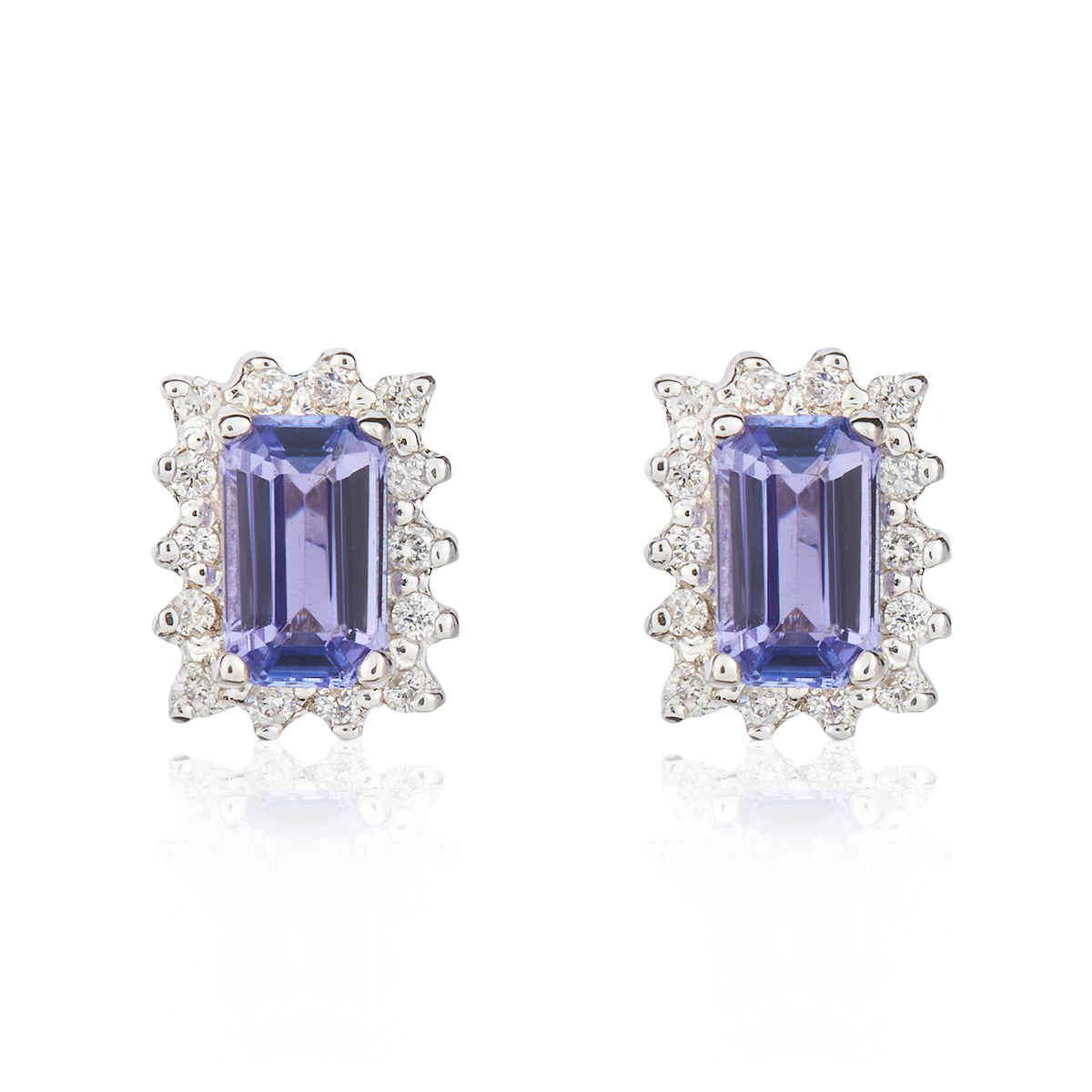 9CT WG 5X3 OCTAGON TANZANITE & DIAMOND CLAW SET CLUSTER EARRINGS