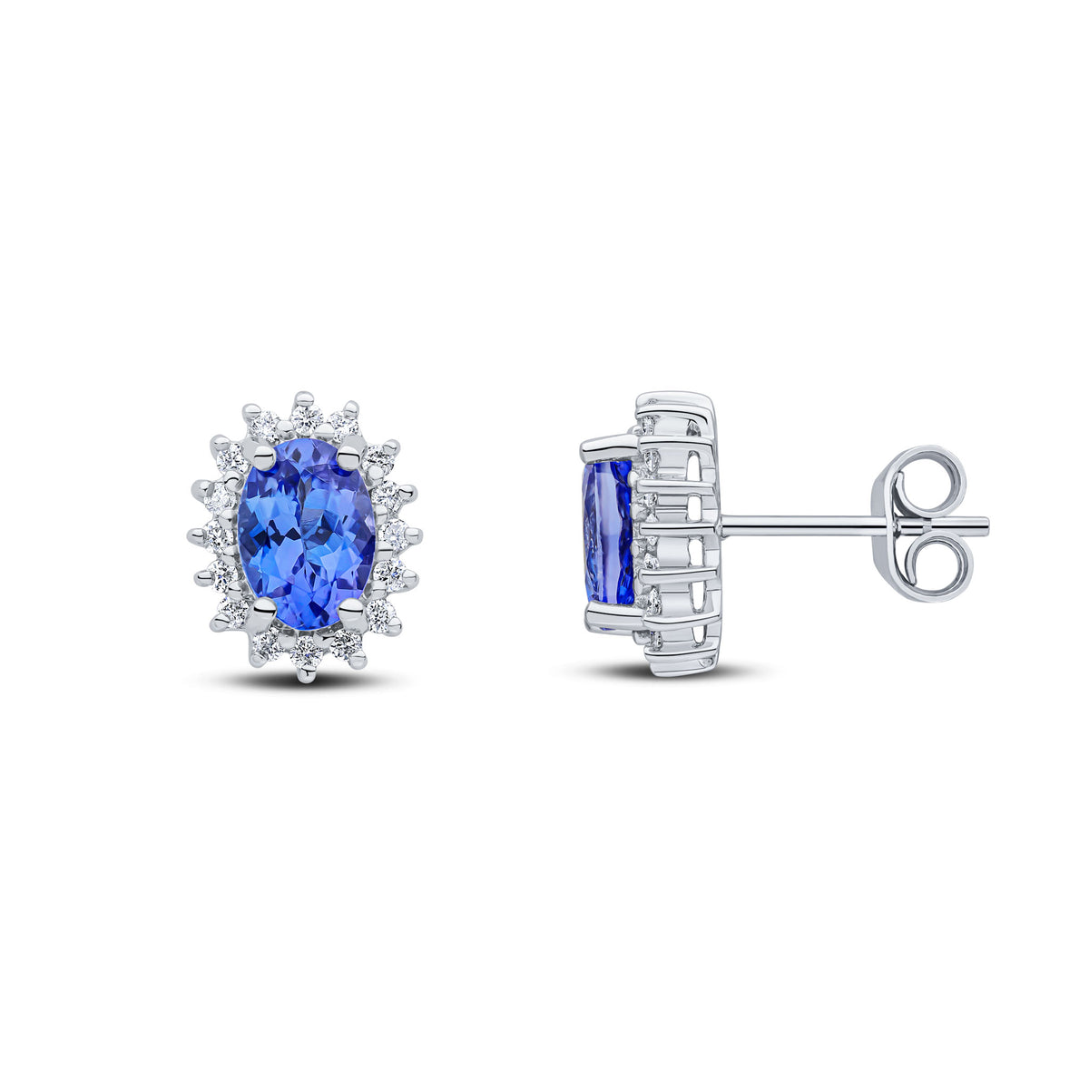 9CT WG 7X5 OVAL TANZANITE & DIAMOND CLAW SET CLUSTER EARRINGS