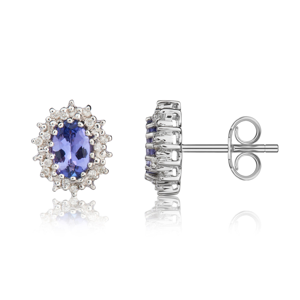9CT WG 6X4 OVAL TANZANITE & DIAMOND CLAW SET CLUSTER EARRINGS