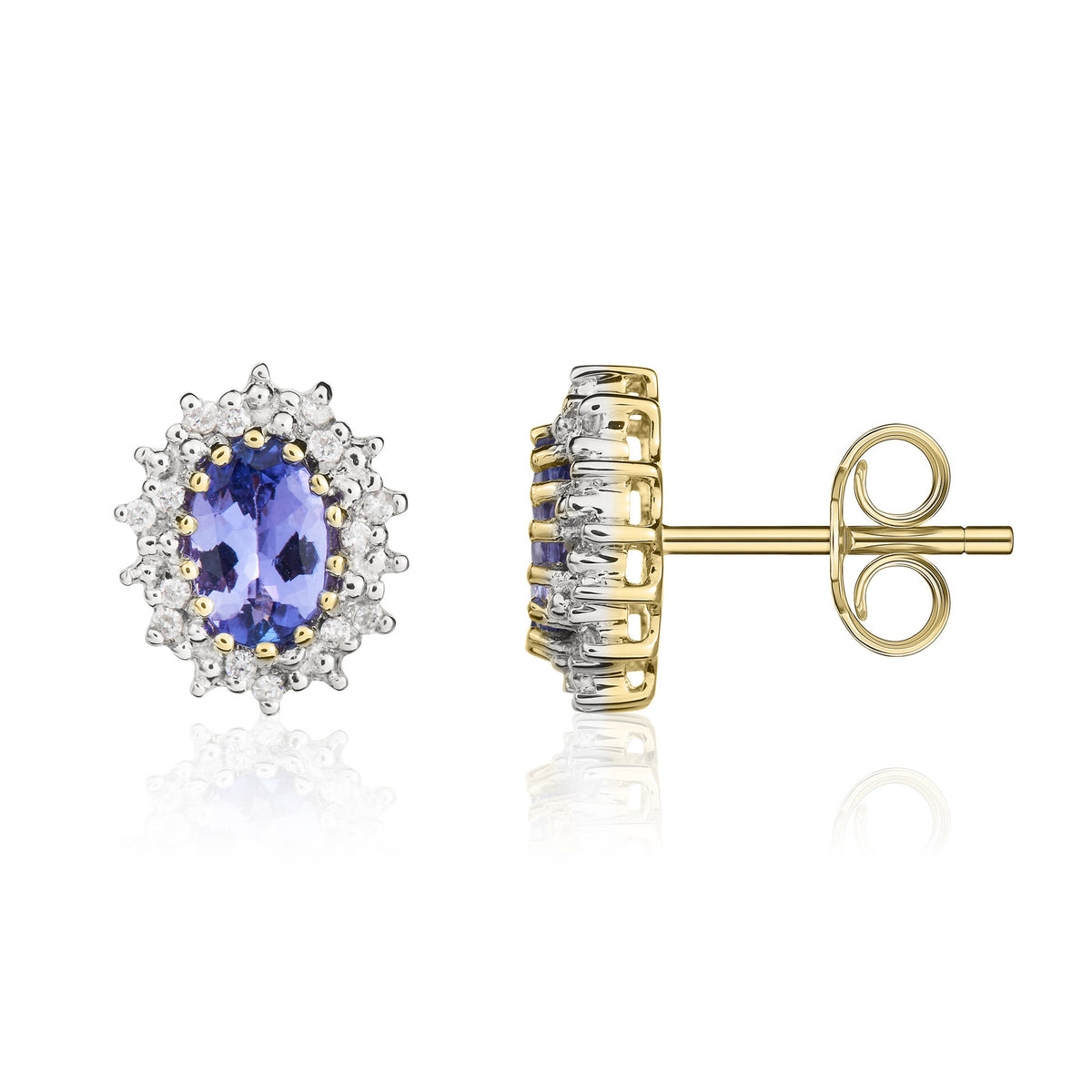 9CT YG 6X4 OVAL TANZANITE AND DIAMOND CLAW CLUSTER EARRINGS. RHODIUM TO DIAMONDS