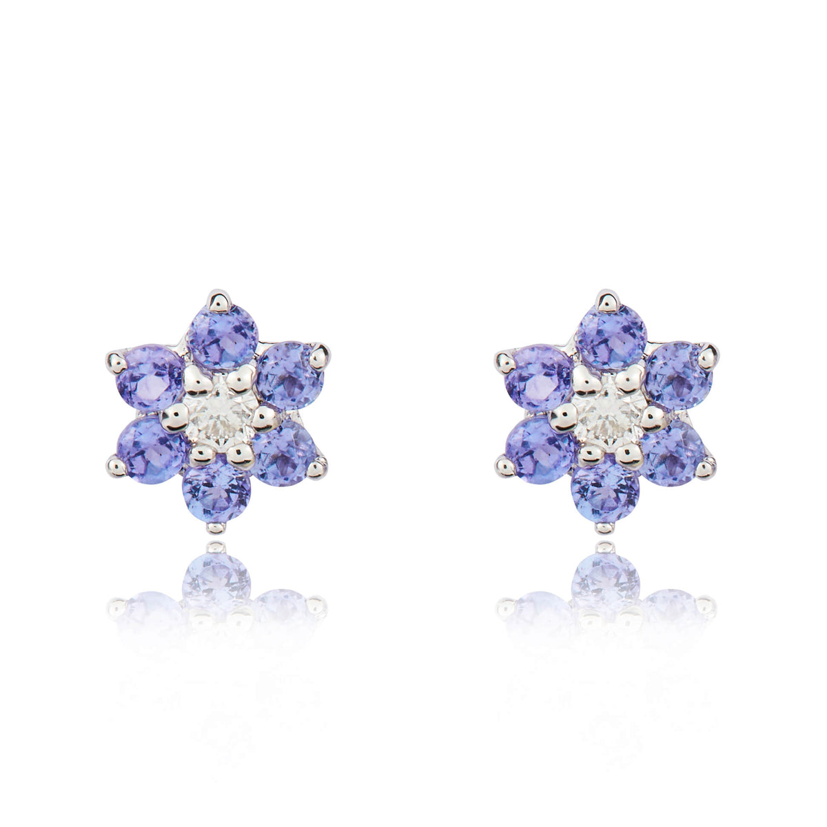 9CT WHITE GOLD ROUND TANZANITE AND ROUND DIAMOND 6X1 REVERSE CLUSTER CLAW EARRINGS
