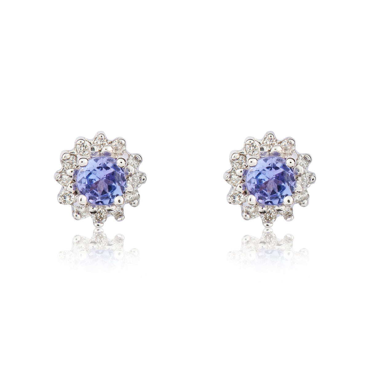 9CT WG 3MM ROUND TANZANITE AND DIAMOND CLAW CLUSTER EARRINGS